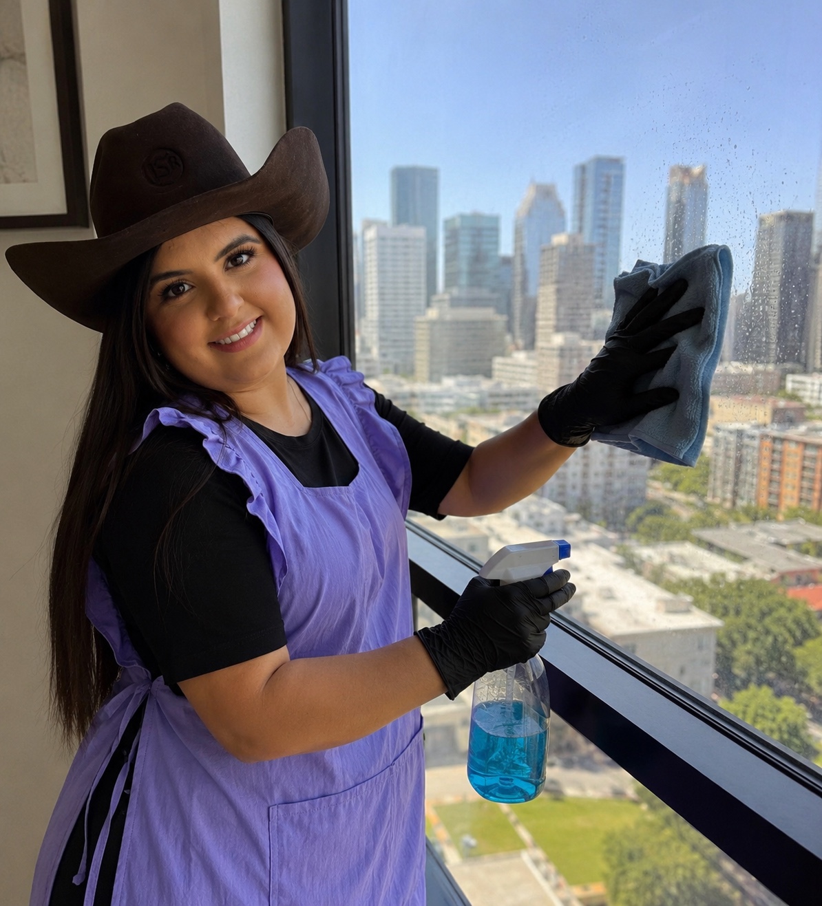 Alpha Grime owner cleaning a window