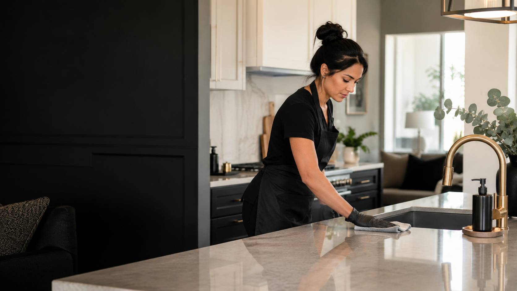 Professional cleaner wiping a modern kitchen counter